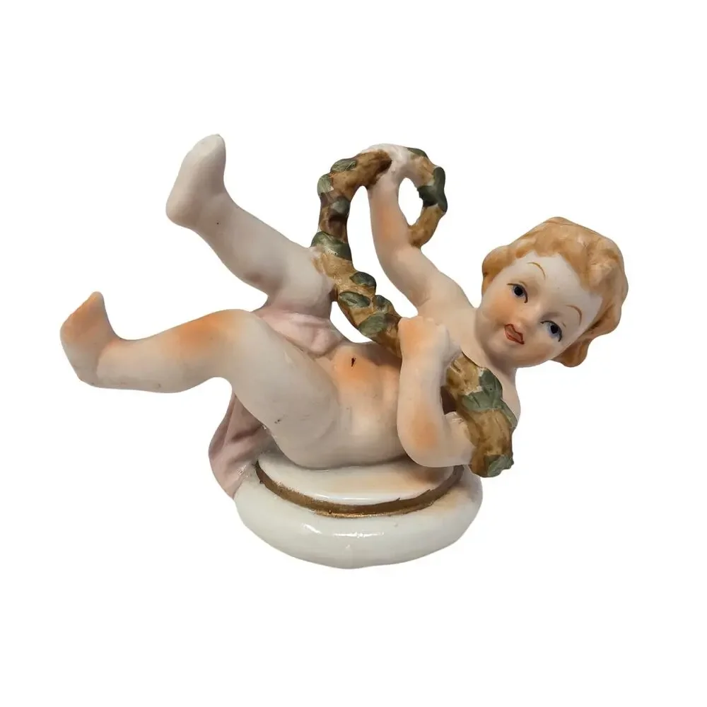 Pair Vintage Bisque Piano Baby Figurines Porcelain Child Figures Decor